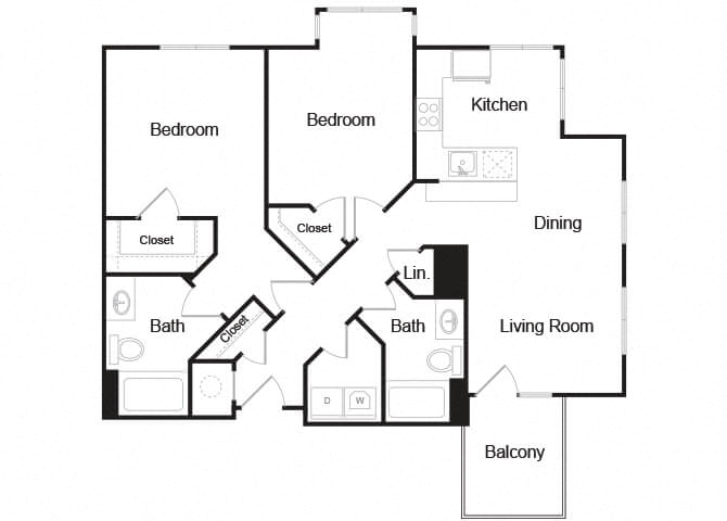 Floor plan for 2 beds, 2 baths, 1215 sqft